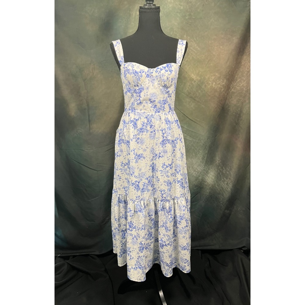 Commense Blue White Floral Toile Bustier Midi Dress Pockets Small
